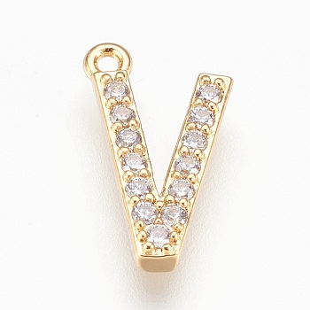 Brass Letter Pendants, with Cubic Zirconia, Lead Free & Cadmium Free & Nickel Free, Long-Lasting Plated, Golden, Letter.V, 15x9x2mm, Hole: 1.2mm