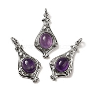 Natural Amethyst Pendants, Teardrop Charms with Rack Plating Platinum Tone Brass Findings, Cadmium Free & Lead Free, 30x14.5x5.7mm, Hole: 2.7mm(G-C096-03P-09)