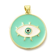 Real 18K Gold Plated Brass Pendants, with Enamel, Flat Round with Eye Charm, Aquamarine, 27.5x25x2.5mm, Hole: 5x3.5mm(KK-A198-08G-02)