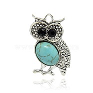 Antique Silver Tone Alloy Synthetic Turquoise Bird Pendants, with Rhinestones, Owl for Halloween, Sky Blue, 36x24x7mm, Hole: 3mm(PALLOY-J442-01AS)