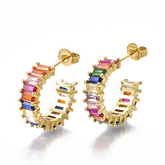 Brass Micro Pave Cubic Zirconia(Random Mixed Color) Stud Earrings, Half Hoop Earrings, with Ear Nuts, Golden, 17.5x5.5mm, Pin: 0.8mm(EJEW-S201-77)