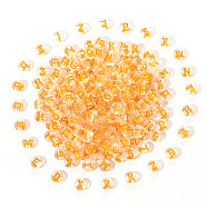 Transparent Clear Acrylic Beads, Horizontal Hole, Flat Round with Random Letter, Orange, 7x4mm, Hole: 1.6mm, 200pcs/set(MACR-YW0001-23A)