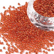 12/0 Grade A Round Glass Seed Beads, Silver Lined, Dark Orange, 12/0, 2x1.5mm, Hole: 0.3mm, about 30000pcs/bag(SEED-Q007-F36)