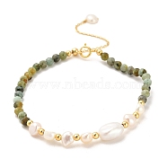 Natural Turquoise Bead Bracelets, with Sterling Silver Beads and Pearl Beads, Real 18K Gold Plated, 16cm(BJEW-E098-12G)