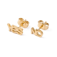 304 Stainless Steel Word YES & NO Asymmetrical Earrings, Stud Earrings for Men Women, Golden, 4x7~9.5mm, Pin: 0.8mm(EJEW-E163-12G)