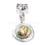 Glass Pendants, with Alloy Finding, Flat Round with Owl Pattern, Antique Silver, 114mm, Hole: 15mm(PALLOY-P227-01AS)
