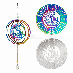2Pcs 2 Colors Ramadan & Eid Mubarak Theme 201 Stainless Steel Connector Charms/Links, Hollow Flat Round with Moon, Etched Metal Embellishments, Mixed Color, 97x0.3mm, Hole: 1.8mm, 1pc/color(STAS-TA0005-68)