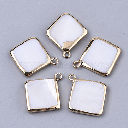Natural Freshwater Shell Pendants, with Edge Brass Golden Plated and Iron Loops, Rhombus, Seashell Color, 21~22x18~19x3mm, Hole: 1.8mm, Diagonal Length: 21~22mm, Side Length: 15mm(X-SHEL-R023-01)