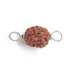 Round Natural Wood Connector Charms, Sienna Rudraksha Links, with Copper Wire, Platinum, 20~22.5x9~10.5mm, Hole: 3.5~3.9mm(PALLOY-JF01994-02)