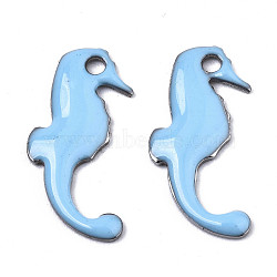 201 Stainless Steel Enamel Charms, Sea Horse, Stainless Steel Color, Light Sky Blue, 15x7x1mm, Hole: 1.2mm(STAS-N088-17G)