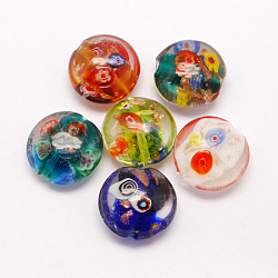Handmade Gold Sand Lampwork Beads, with Millefiori Glass, Flat Round, Mixed Color, 20x10mm, Hole: 1.5mm(X-LAMP-S037-M)