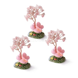 Natural Rose Quartz Chips & Resin Pedestal Display Decorations, with Brass Finding, Tree, 71~74x49~53x32~34mm(DJEW-A001-03D)