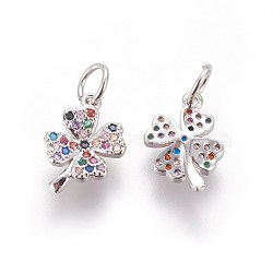 Brass Micro Pave Cubic Zirconia Charms, Four Leaf Clover, Colorful, Platinum, 12x8x2.5mm, Hole: 3mm(ZIRC-E161-24P)