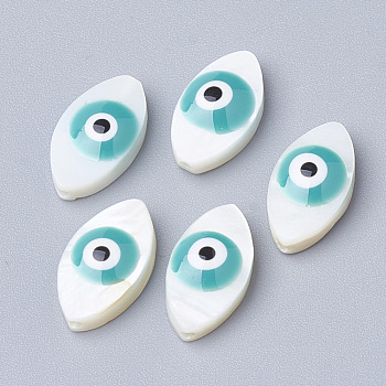 Natural Freshwater Shell Beads, Horse Eye with Evil Eye, Cadet Blue, 15x8x4mm, Hole: 1mm