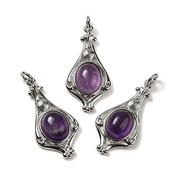 Natural Amethyst Pendants, Teardrop Charms with Rack Plating Platinum Tone Brass Findings, Cadmium Free & Lead Free, 30x14.5x5.7mm, Hole: 2.7mm
