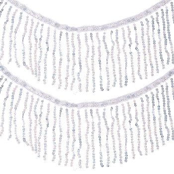 Beading Sequins Polyester Tassel Ribbons, Garment Accessories, Silver, 6-1/4~6-3/8 inch(160~163mm)