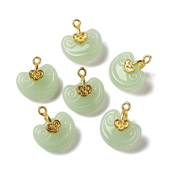Imitation Jade Glass Pendants, with Alloy Finding, Ruyi Cloud Charm, Golden, 17x15x8~9mm, Hole: 1.6mm