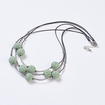Waxed Cord Tiered Necklace, 3 Layer Necklaces, with Lava Rock Beads and Brass Findings, Dark Sea Green, 20.47 inch(52cm)