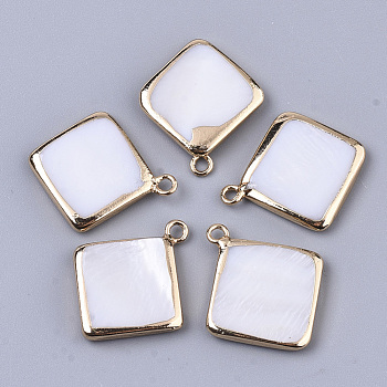 Natural Freshwater Shell Pendants, with Edge Brass Golden Plated and Iron Loops, Rhombus, Seashell Color, 21~22x18~19x3mm, Hole: 1.8mm, Diagonal Length: 21~22mm, Side Length: 15mm