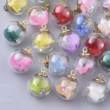 Transparent Glass Globe Pendants, with Leaf, Resin Rhinestone and Brass Findings, Round, Light Gold, Mixed Color, 19.5~20x15.5~16mm, Hole: 2mm