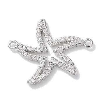 Rack Plating Brass Micro Pave Clear Cubic Zirconia Connector Charms, Starfish Links, Long-Lasting Plated, Lead Free & Cadmium Free, Platinum, 18x23x2mm, Hole: 1.2mm