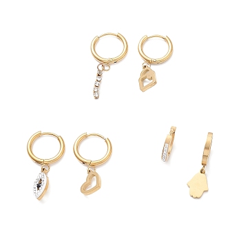 3 Pair 3 Style Tassel & Heart & Hamsa Hand Crystal Rhinestone Asymmetrical Earrings, Ion Plating(IP) 304 Stainless Steel Dangle Hoop Earrings for Women, Golden, 13.5~31mm, Pin: 1mm, 1 Pair/style