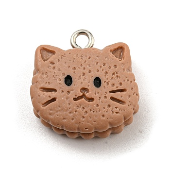 Cookies Theme Imitation Food Resin Pendants, Cat Charms with Platinum Plated Iron Loops, Tan, 18x16x8mm, Hole: 2mm