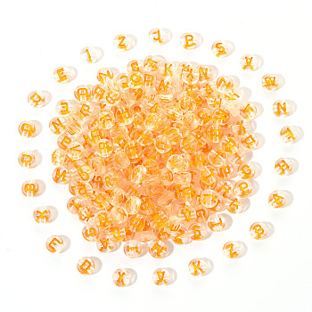 Transparent Clear Acrylic Beads, Horizontal Hole, Flat Round with Random Letter, Orange, 7x4mm, Hole: 1.6mm, 200pcs/set