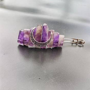Bohemian Style Natural Amethyst & Hollow Moon Crown Hair Barrettes, with Metal Clips, for Women Girls, 80mm