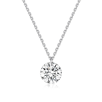 Flat Round Cubic Zirconia Pendant Necklaces, with Rhodium Plated 925 Sterling Silver Cable Chains for Women, Platinum, 13.78 inch(35cm)