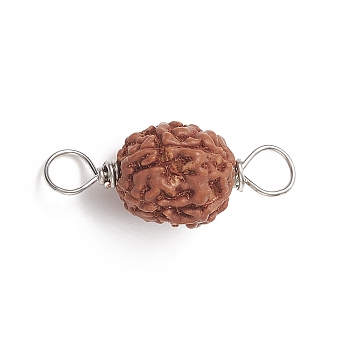 Round Natural Wood Connector Charms, Sienna Rudraksha Links, with Copper Wire, Platinum, 20~22.5x9~10.5mm, Hole: 3.5~3.9mm