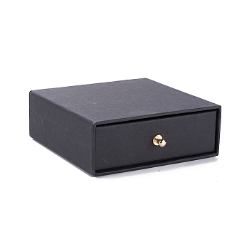 Square Paper Drawer Jewelry Set Box, with Brass Rivet, for Earring, Ring and Necklace Gifts Packaging, Black, 10x10x3~3.2cm