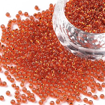 12/0 Grade A Round Glass Seed Beads, Silver Lined, Dark Orange, 12/0, 2x1.5mm, Hole: 0.3mm, about 30000pcs/bag