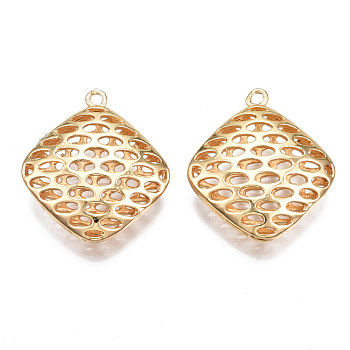 Brass Pendants, Hollow, Nickel Free, Rhombus, Real 18K Gold Plated, 28x25x8mm, Hole: 2mm, Side Length: 21mm