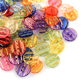 Transparent Acrylic Buttons, Plastic Sewing Buttons for Costume Design, 2-Hole, Dyed, Flat Round, Mixed Color, 13x3mm, Hole: 1mm