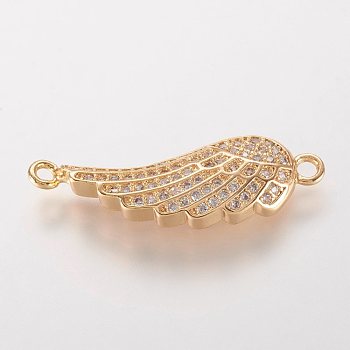 Brass Micro Pave Cubic Zirconia Links, Wing, Golden, 27x8.5x3mm, Hole: 1.5mm