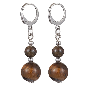 Round Natural Tiger Eye Dangle Earrings, 304 Stainless Steel Leverback Earring for Women, 40~41x10~10.5mm