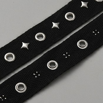 Cotton Ribbon, Herringbone Ribbon with Stainless Steel Color Plated Stainless Steel Rivet and Eyelet, Black, Star Pattern, 3/4 inch(20mm), Star: 8x8x2.5mm