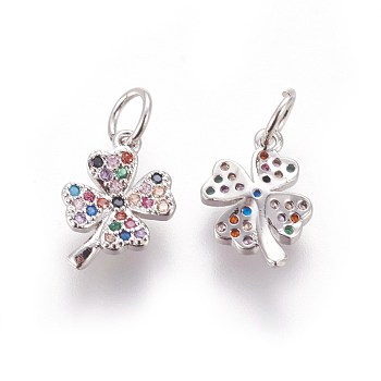 Brass Micro Pave Cubic Zirconia Charms, Four Leaf Clover, Colorful, Platinum, 12x8x2.5mm, Hole: 3mm