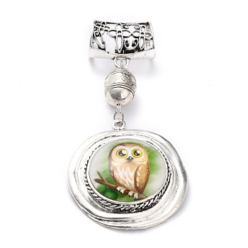 Glass Pendants, with Alloy Finding, Flat Round with Owl Pattern, Antique Silver, 114mm, Hole: 15mm