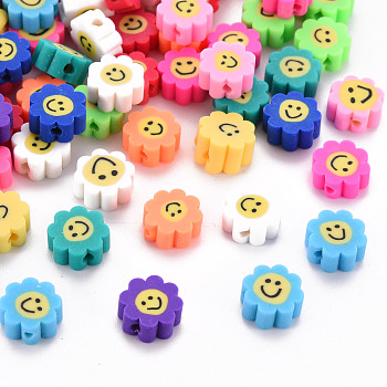 Handmade Polymer Clay Beads, for DIY Jewelry Crafts Supplies, Flower with Face, Mixed Color, 9~10x9~10x4~5mm, Hole: 1.6mm