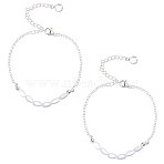 2Pcs Plastic Imitation Pearl Rice Beaded Anklets, Brass Crystal Rhinestone Anklets for Women, White, Silver, 8-1/4 inch(210mm)(AJEW-CA0004-76S)