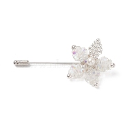 Glass Braided Bead Flower with Shell Pearl Lapel Pin, Brass Safety Pin Brooch for Suit Tuxedo Corsage Accessories, Platinum, 75mm(JEWB-TA00004)