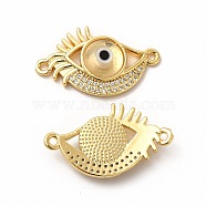 Rack Plating Real 18K Gold Plated Brass Micro Pave Clear Cubic Zirconia Connector Charms, Eye Links with Handmade Lampwork, Cadmium Free & Lead Free, Long-Lasting, Clear, 15x26x4.5mm, Hole: 1.4mm(ZIRC-L102-08G-09)