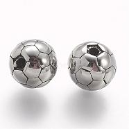 304 Stainless Steel Beads, Round/FootBall/Soccer Ball, Antique Silver, 9x8.5mm, Hole: 2mm(STAS-A032-034AS)
