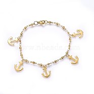 304 Stainless Steel Charm Bracelets, with Lobster Claw Clasps, Anchor, Golden, 8-1/4 inch(21cm), 3mm(BJEW-H579-06G)