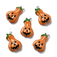 Halloween Opaque Resin Pendants, with Platinum Tone Iron Loops, Pumpkin with Evil Face, Orange, 30.5x19x7.5mm, Hole: 2mm(RESI-B011-17)