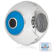 1Pc Rhodium Plated 925 Sterling Silver European Beads, Large Hole Beads, with Enamel, Round with Evil Eye, with 2Pcs Polishing Cloth, Sky Blue, 11x9.5mm, Hole: 4.6mm(FIND-BBC0002-90)