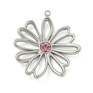 304 Stainless Steel Pendants, with Rhinestone, Hollow Flower Charm, Stainless Steel Color, Rose, 28x26x4mm, Hole: 1.4mm(STAS-L022-436P-02)