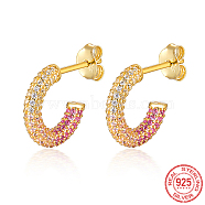 925 Sterling Silver Ring Stud Earrings, Colorful Cubic Zirconia Half Hoop Earrings, with S925 Stamp, Real 18K Gold Plated, 14x3mm(JZ8068-2)